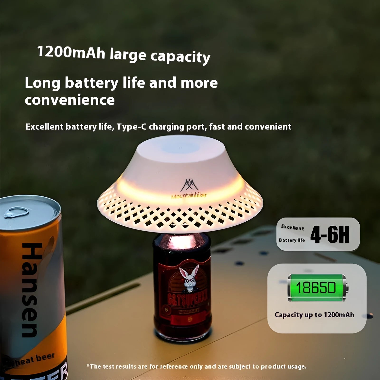 Beige wine bottle shaped camping lantern with USB-C port shown on a table.