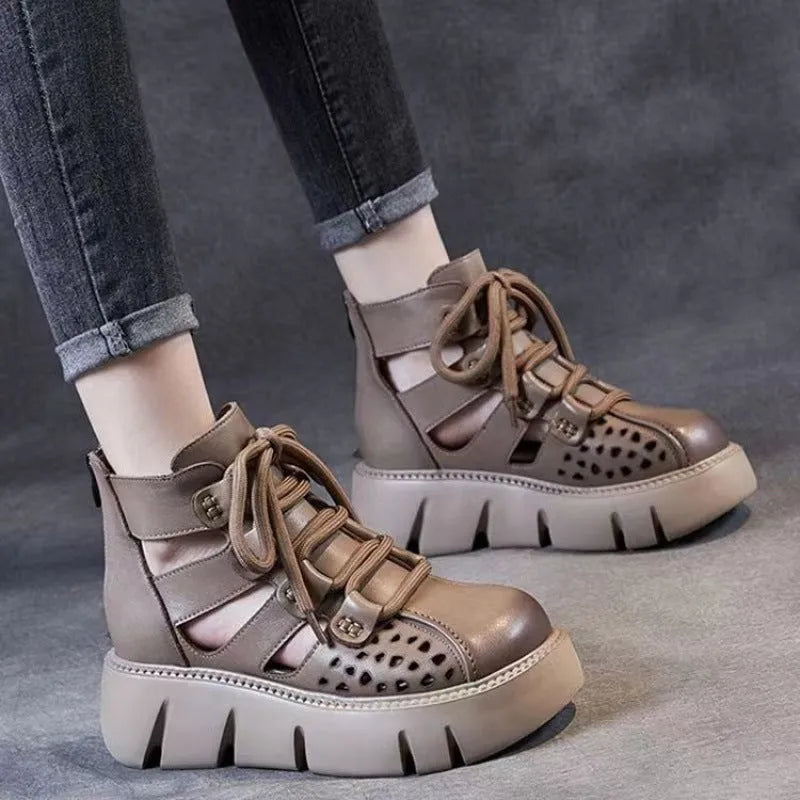Women's black hollow hole platform sandals with fish mouth toe holder and PU sole