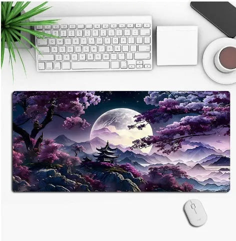 Anime-themed gaming mouse pad on a desk with non-slip rubber cloth base.