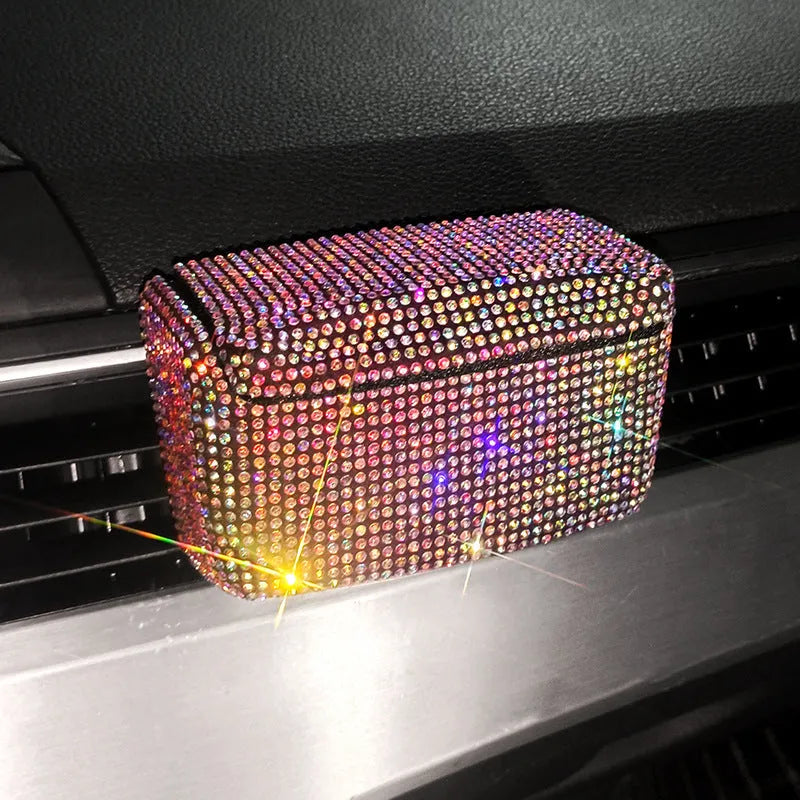 Plastic car ashtray with covered air outlet in colourful diamond finish