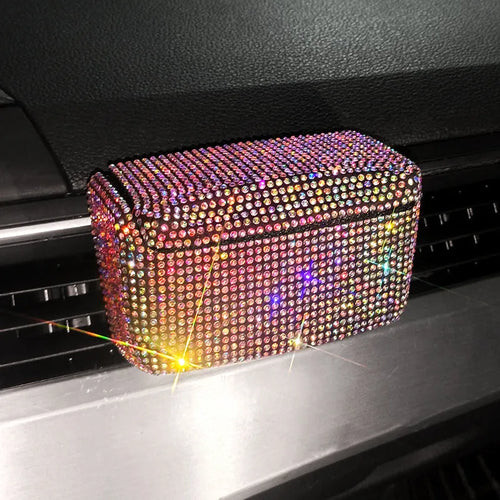 Plastic car ashtray with covered air outlet in colourful diamond finish