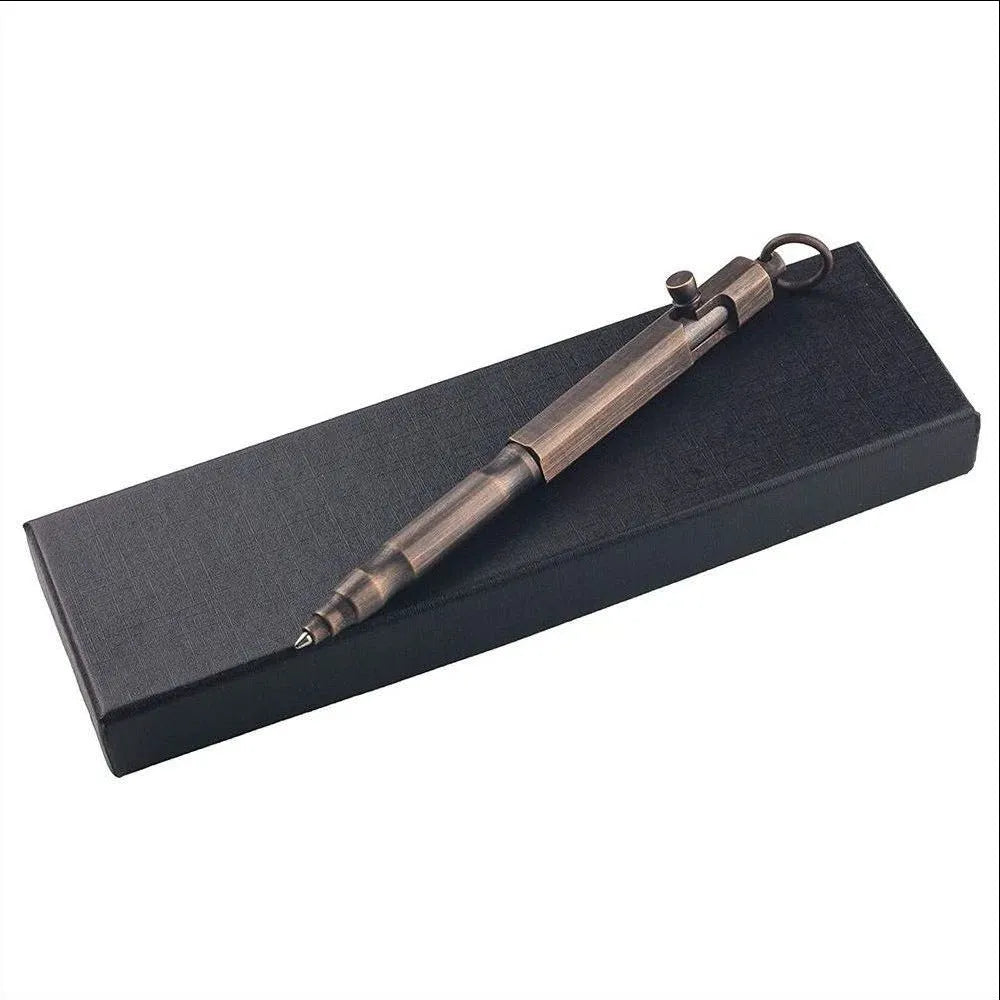 Solid brass hexagonal bolt tactical pen in brass and black finishes, showing machining detail.