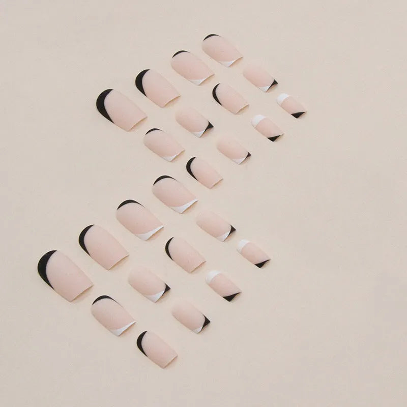 W644 black and white frosted press-on artificial nails with a double-piece mandarin duck design, 24 pieces.