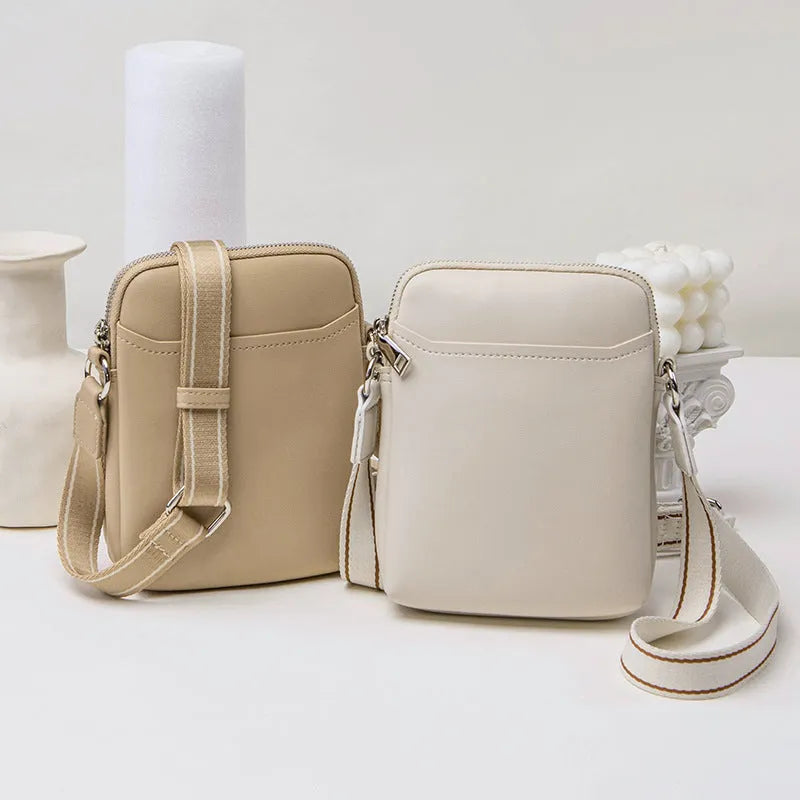 Solid colour mobile phone shoulder bag with crossbody strap in black, beige, khaki or green