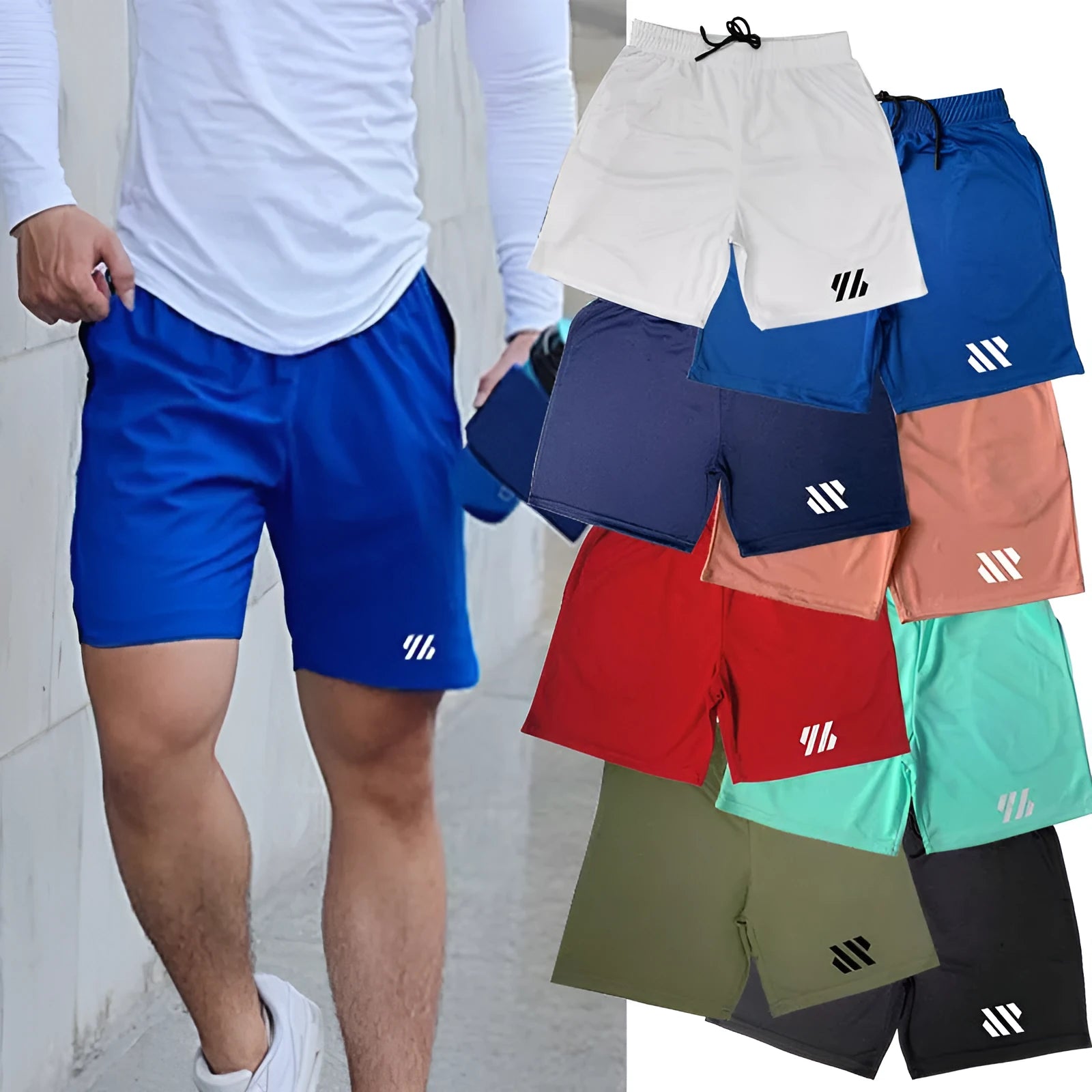 Loose fit metal silk fabric sports shorts in various colours including black, blue, and green for summer running and leisure.