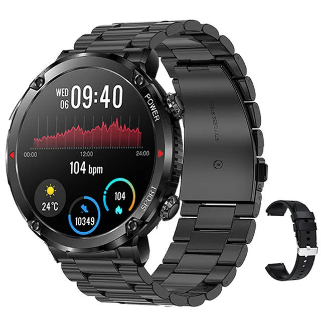 T30 Smart Watch with black silicone strap on a wrist, showing a large circular screen displaying health metrics.