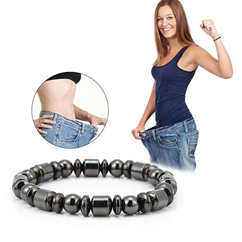 Black pentagram magnetic therapy bracelet made from magnetite and hematite stones with a stretch fit.
