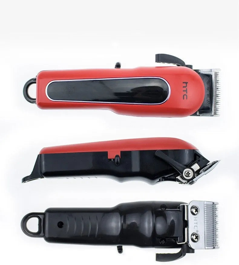 Professional digital hair clipper in black, red, or white with charger, combs, and maintenance tools.