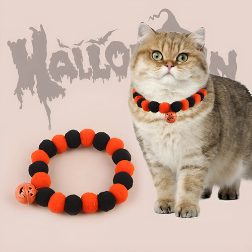 Orange Halloween pumpkin cat collar with breakaway safety buckle on adjustable polyester webbing
