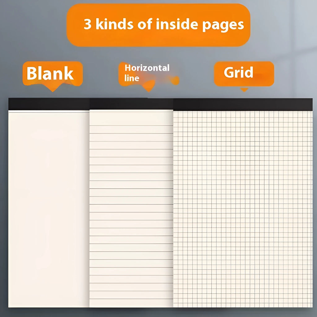 Set of writing pads in A5, B5, and A4 sizes showing blank, grid, and horizontal line page rulings.