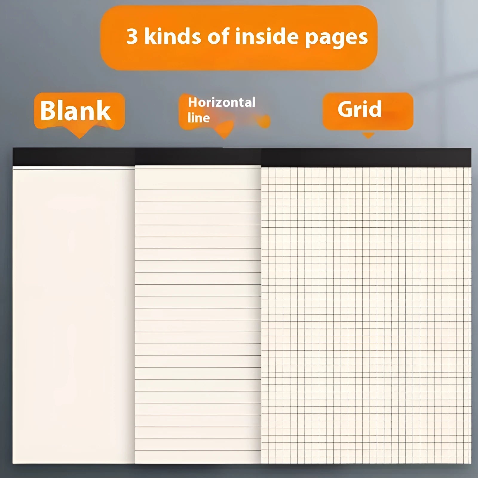 Set of writing pads in A5, B5, and A4 sizes showing blank, grid, and horizontal line page rulings.