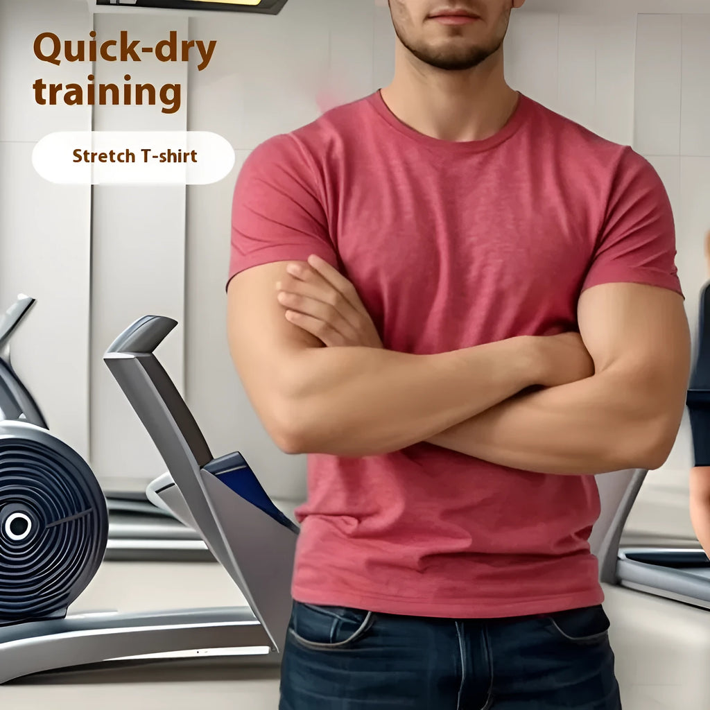 Men's grey quick-dry stretch running t-shirt on a hanger.