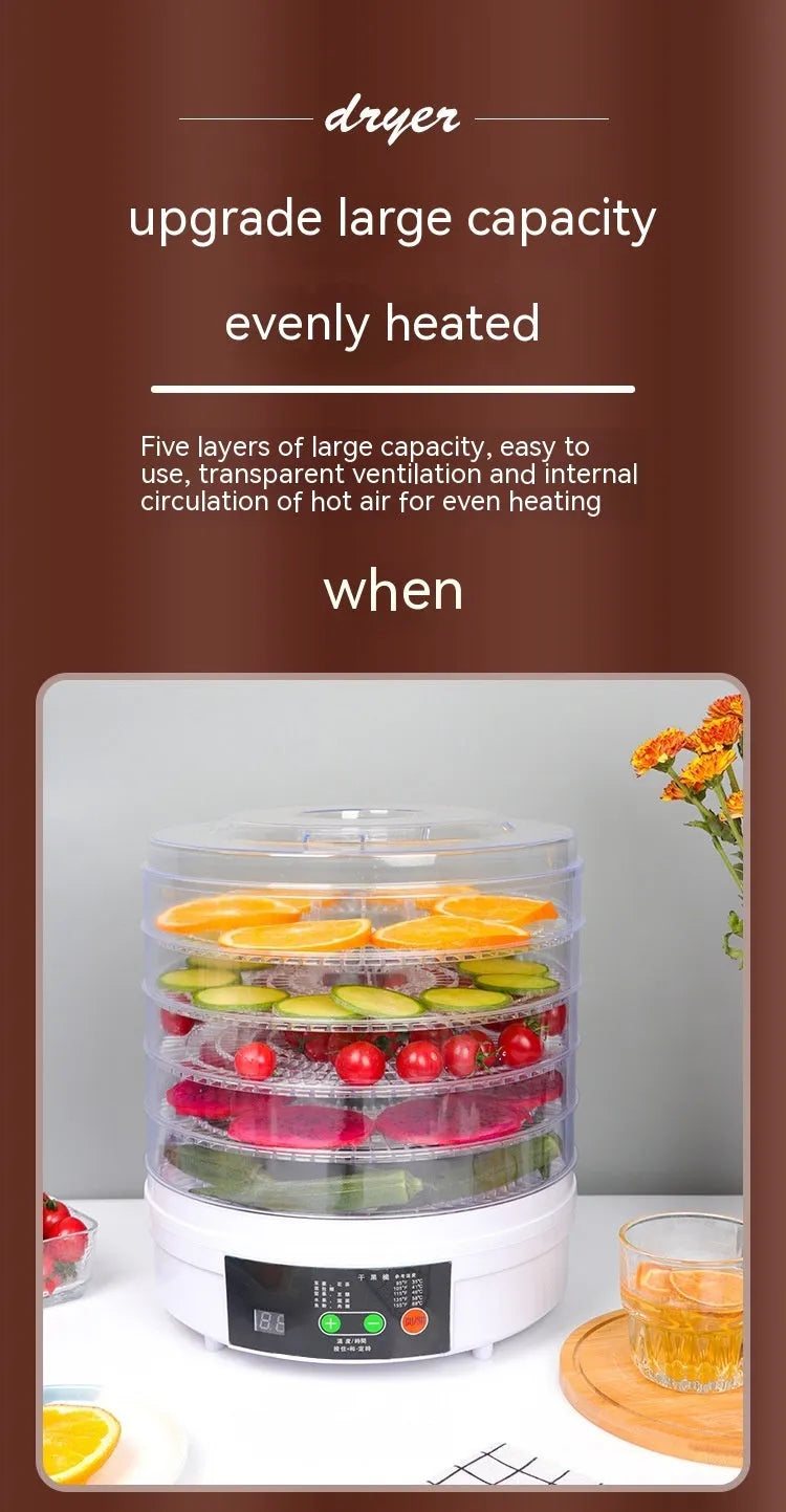 Five layer electric food dehydrator with stackable trays for drying fruit and vegetables
