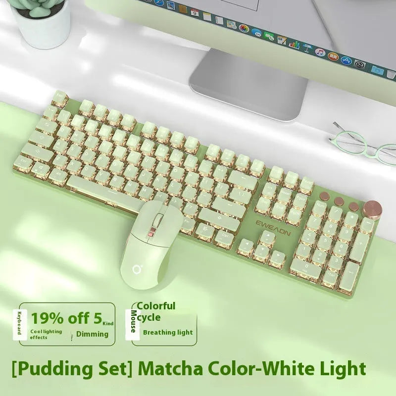 Matcha green mechanical gaming keyboard with white backlighting, aluminium panel, and multifunction knob on desk