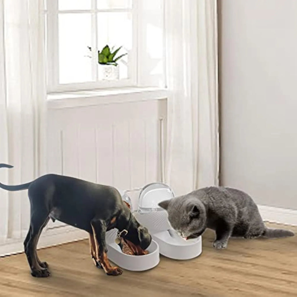 White gravity cat feeder and water dispenser set with wave-shaped design, showing two 2 litre containers