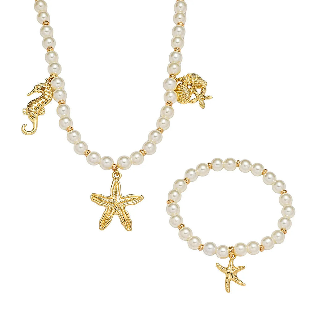 Haima handmade shell necklace starfish bracelet set with alloy pearl chain silver tone unisex