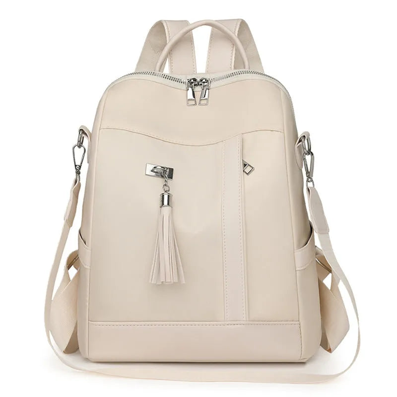 Large capacity soft PU commute backpack in black with three-dimensional pockets and internal mobile phone compartment