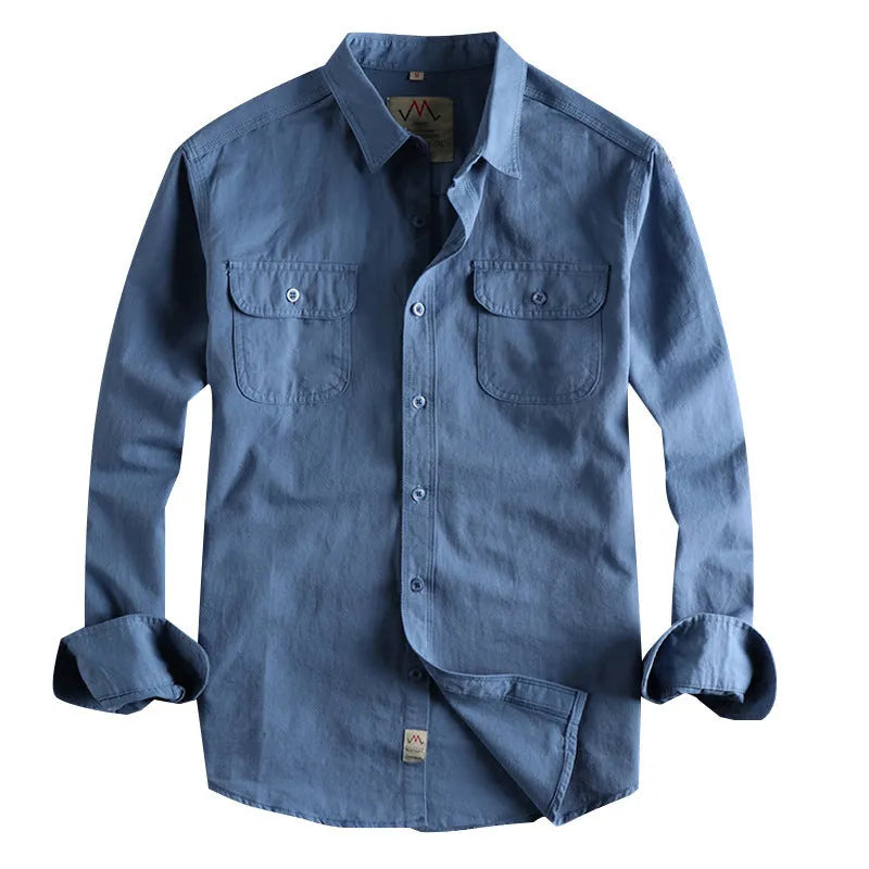 Men's solid colour long sleeve cotton shirt in cardigan style, shown in light blue.