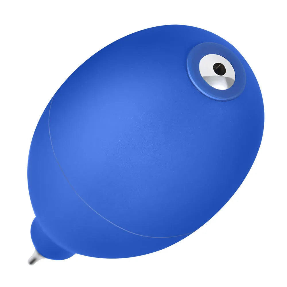 Blue and black rubber handheld dust removal ball for cleaning camera lenses and electronics.
