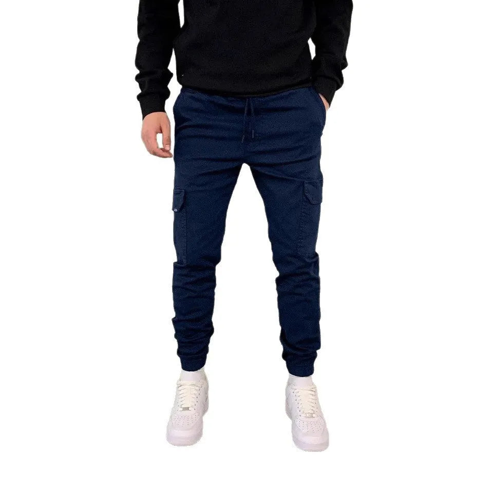 Men's polyester overalls with dimensional patch pockets and elastic waistband in straight leg baggy pants style