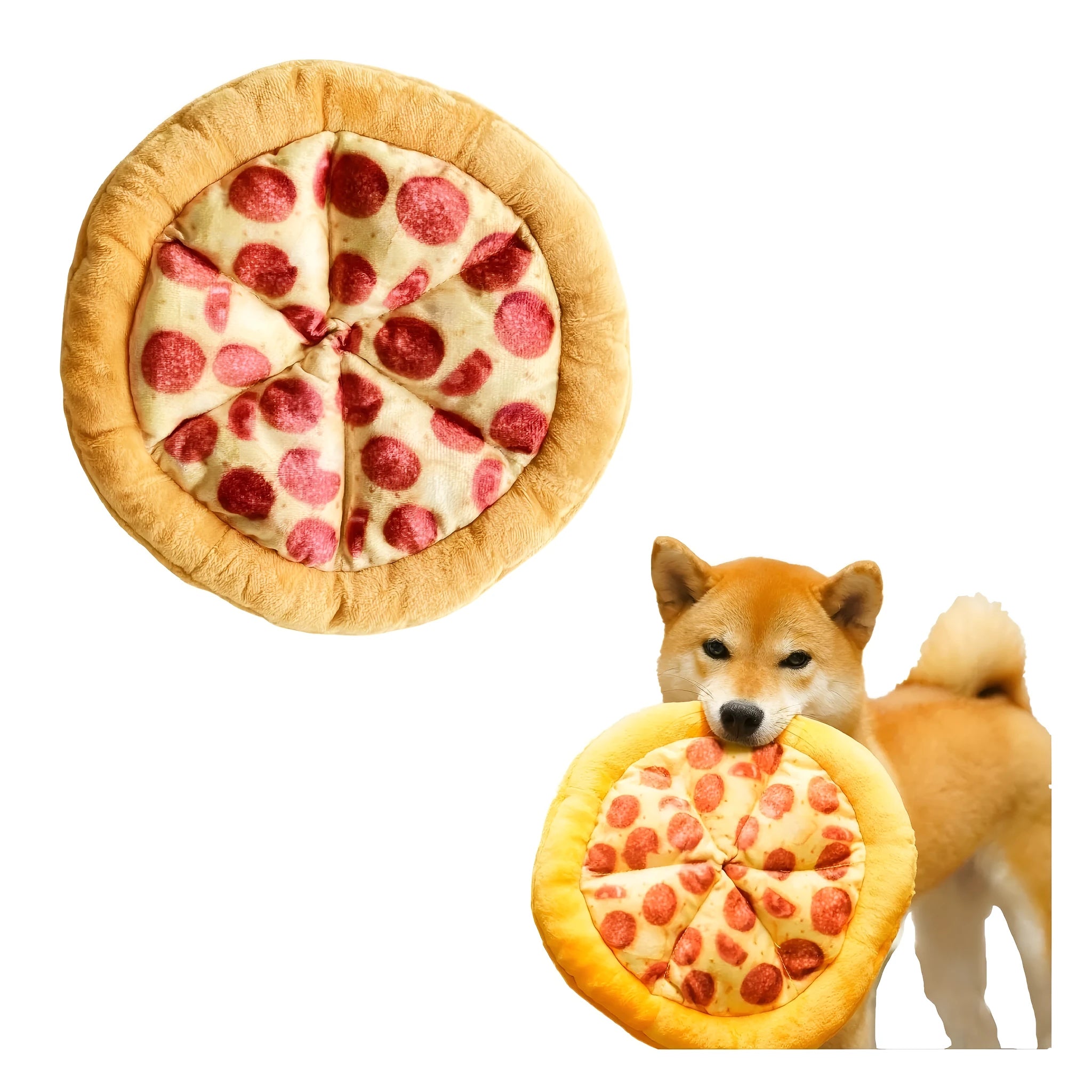 Yellow pizza slice shaped soft fabric dog chew toy with internal squeaker.