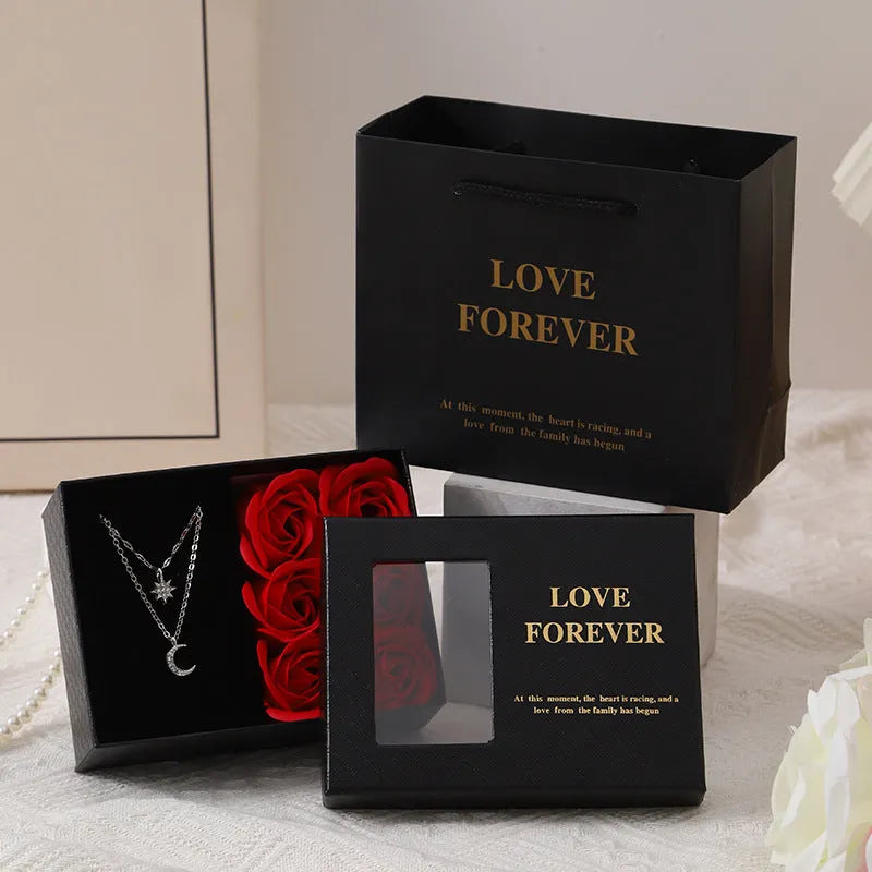 Red Korean-style soap flower gift set with six flowers in a box, handbag, and measuring 12.5 by 8.5 by 4.5 cm.