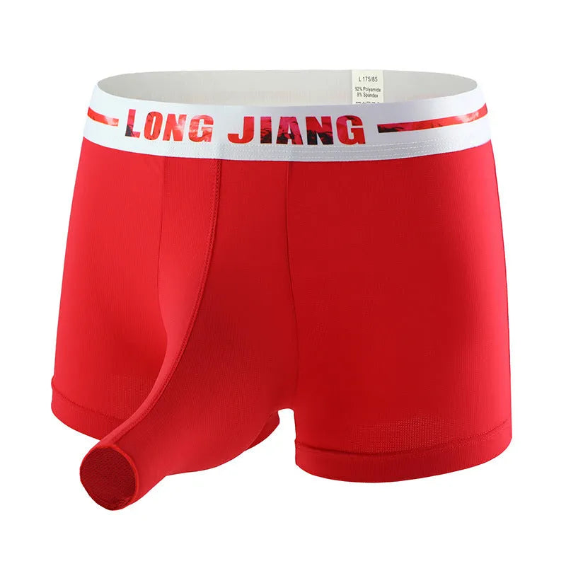 Men's ice silk trunk open boxer shorts in multiple solid colours showing mid waist fit.