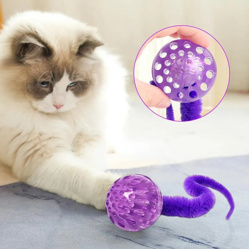 Interactive bouncing cat toy with plush worm tail in green, pink, or purple colour options
