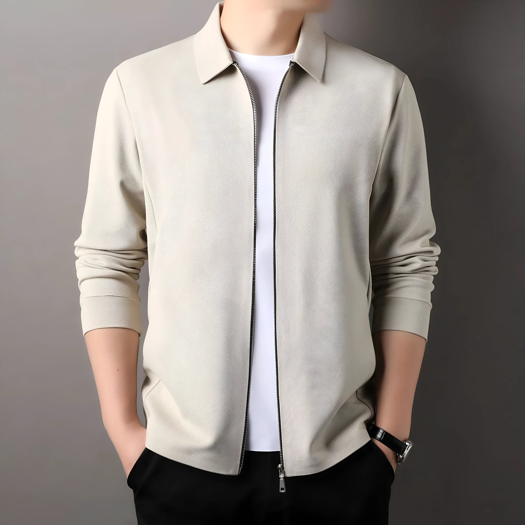 Men's polyester business jacket in apricot colour with regular sleeves and straight hem design