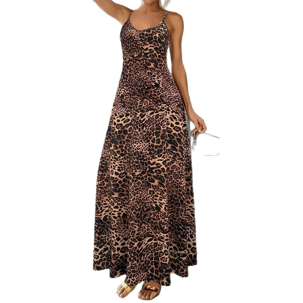 Dark brown leopard print sleeveless dress with milk silk fabric and hip skirt silhouette