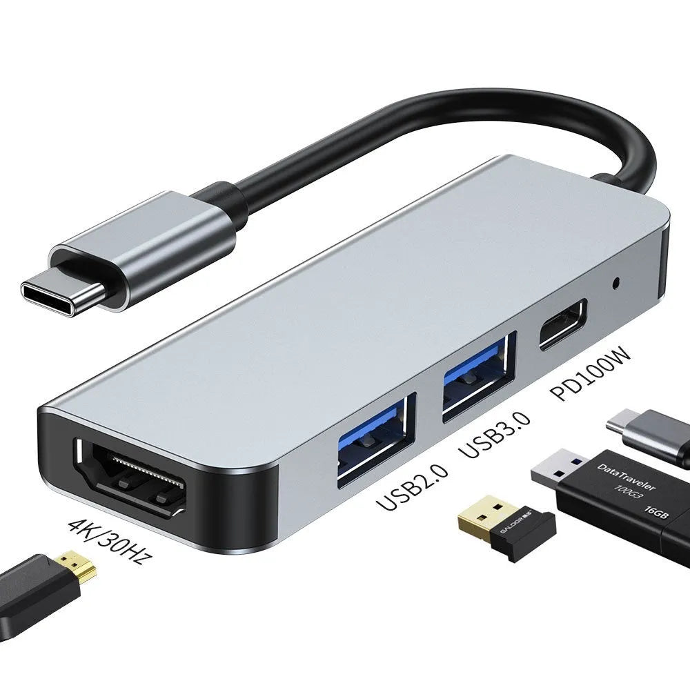 Compact aluminium USB-C expansion dock for laptop and tablet showing multiple port options.
