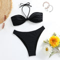 Black women's bikini set with lace-up front tube top and matching briefs