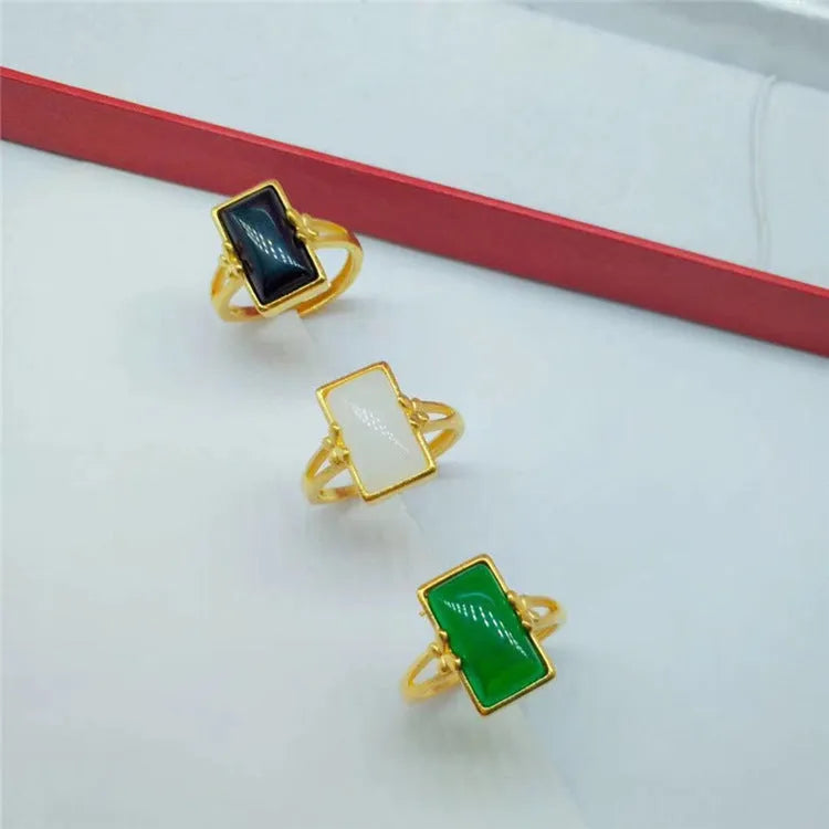 Adjustable national style gold-plated brass ring with gemstone inlay in black, green, or white colour options