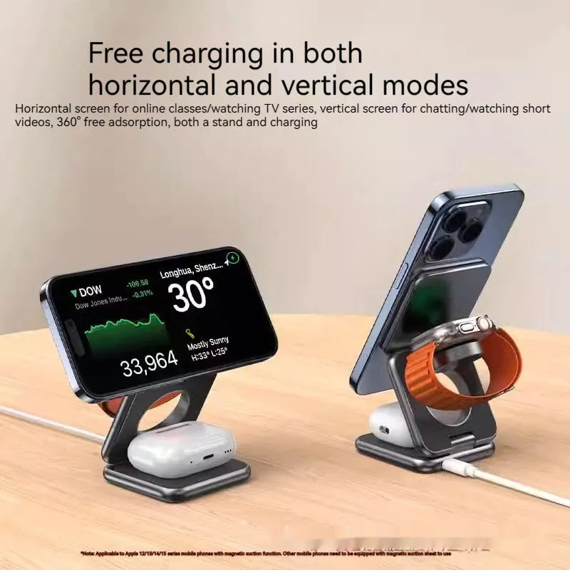 White foldable magnetic wireless charging phone stand on a wooden desk next to a mobile phone.