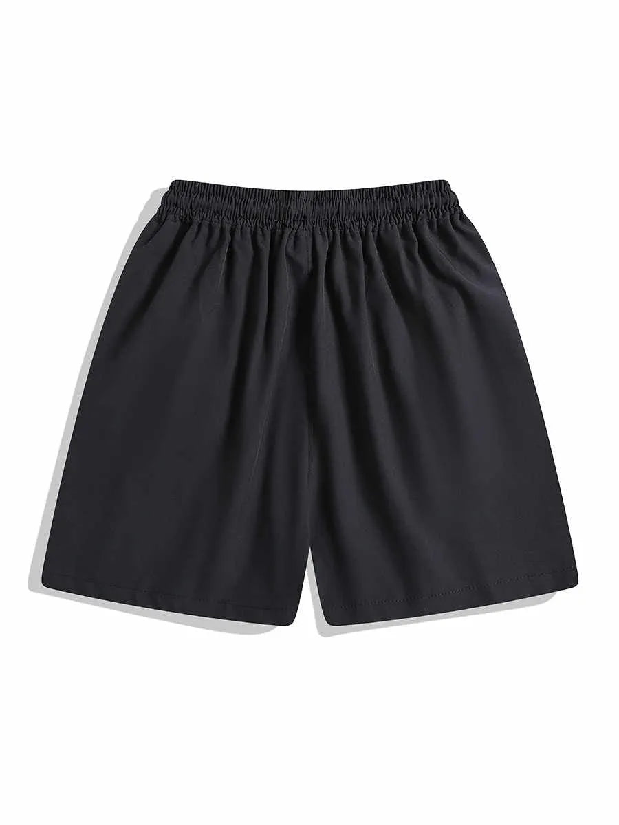 Black and grey quick-drying sports shorts with elastic waistband and loose fit for training