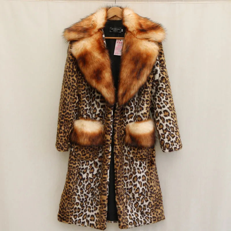 Women's long leopard print artificial fur jacket with regular sleeves and street fashion styling