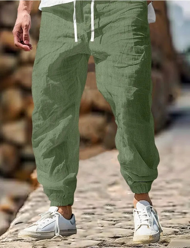Men's elastic waist summer trousers in straight cut design showing army green colour option