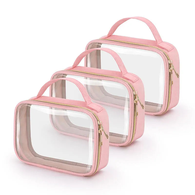 Transparent PVC cosmetics wash bag with chain in multiple colour options on a white background.