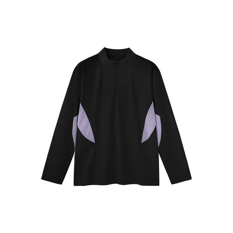 Men's solid colour polyester top with stitching detail, shown in black and beige, long sleeve and short sleeve versions.