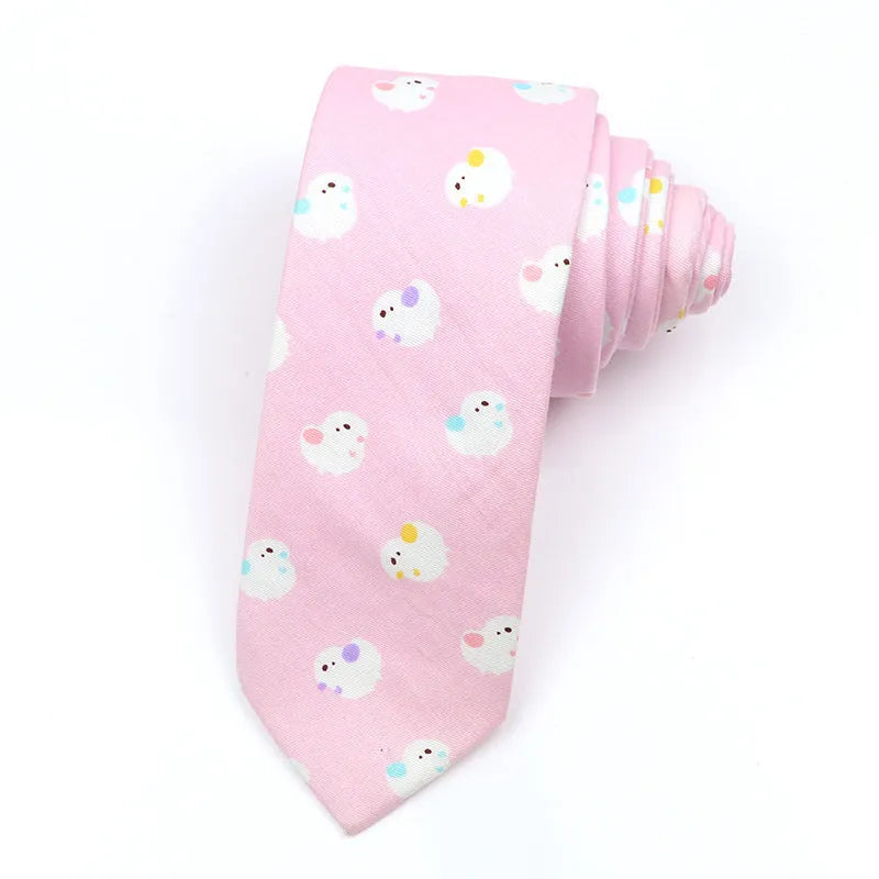 Korean style narrow men's cotton bow tie with a printed cartoon pattern in a selected colour.