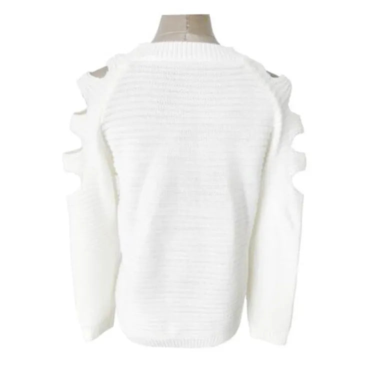 White women's knitted shirt with hollow-out sleeves and round neck