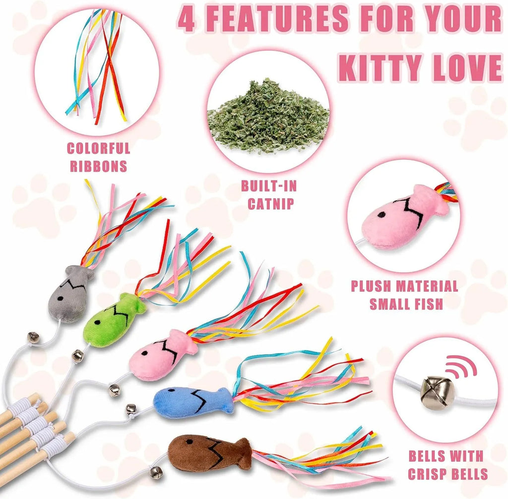 Cat wand toy with wooden handle, colourful ribbons, catnip fish attachment, and bell for interactive play