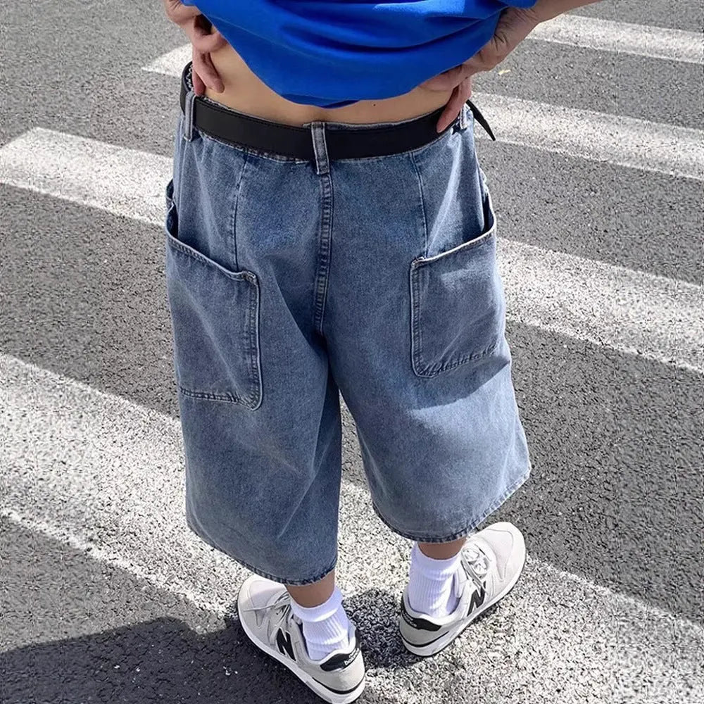 Men's blue washed denim pirate shorts with high waist and cropped length