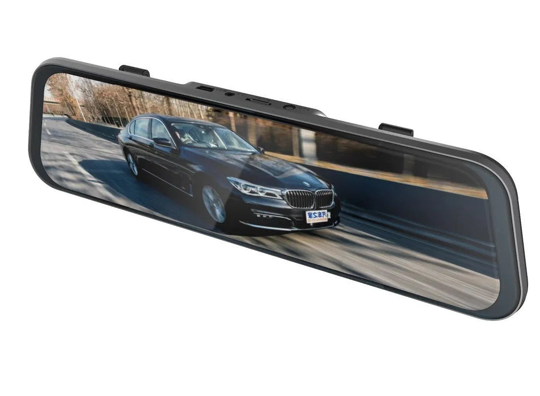 Black driving recorder with large touch screen integrated into a rearview mirror design