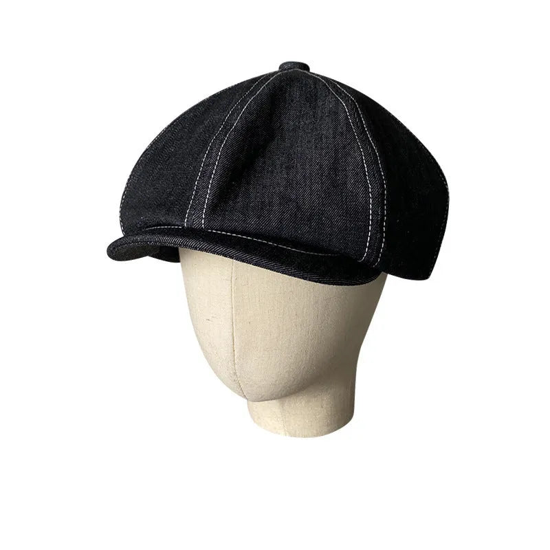 Black Japanese Denim fabric cotton beret shown in retro fashion style with three size options for men and women