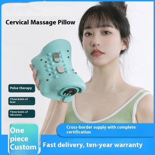 Blue-green portable cervical spine massage pillow with EMS and heat therapy functions