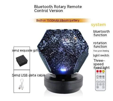LED star projector night light showing constellation projection on a bedroom ceiling with remote control.
