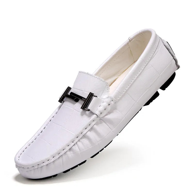Men's casual leather loafers with belt buckle detail showing black colour option