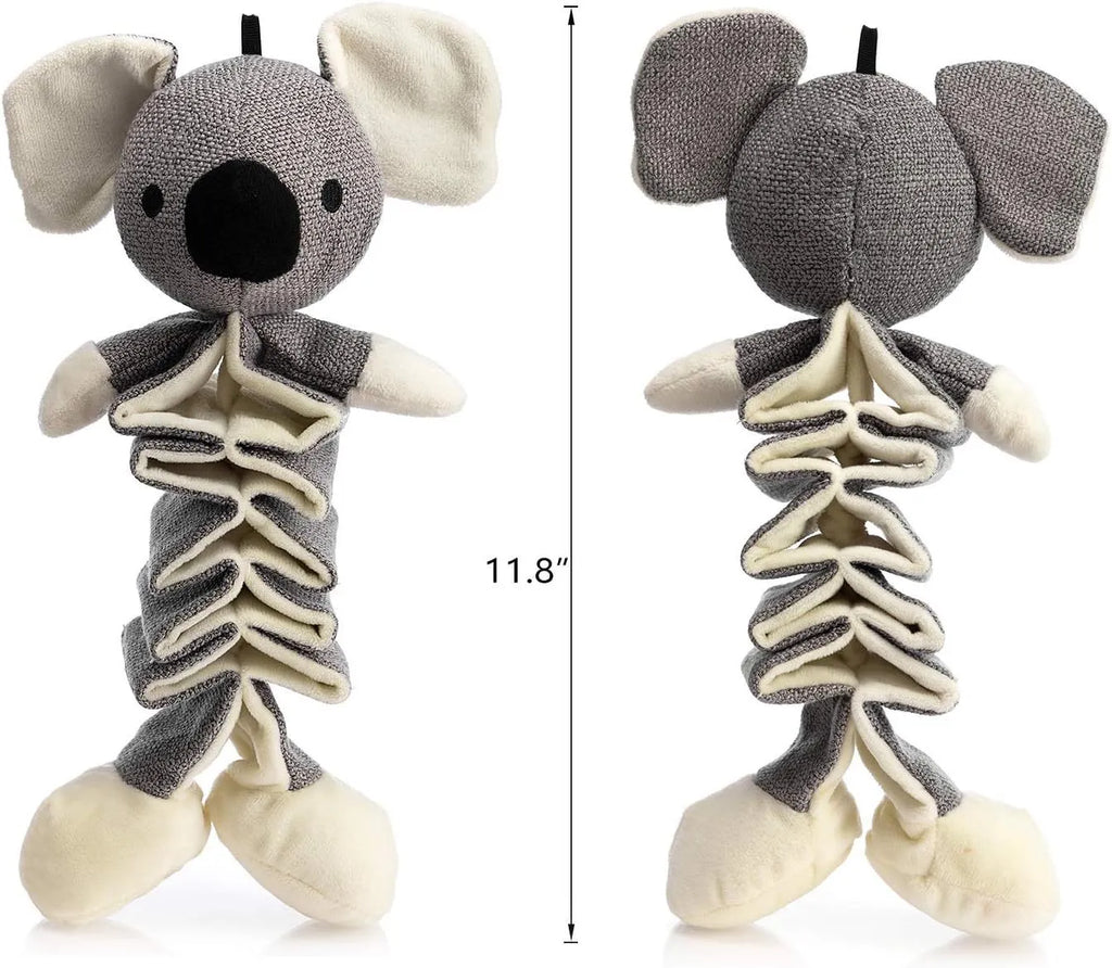 Grey koala plush dog toy measuring 30cm tall with durable cloth material