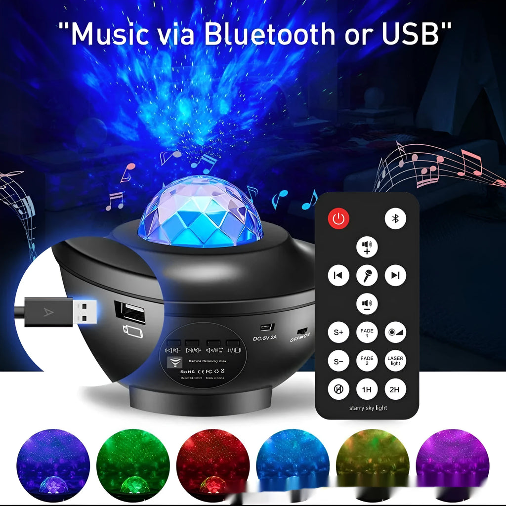 Black-parallel star projection lamp with rotating water ripple laser effects on desktop
